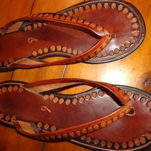 Vintage Homemade Leather Thong Sandals 6M Brown Stamped Flip Flops